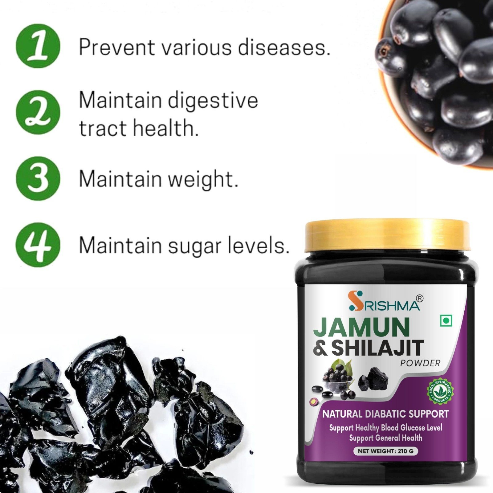 Srishma Jamun and Shilajit Powder – 210g | Ayurvedic Herbal Formula for Blood Sugar, Energy & Immunity - Image 5